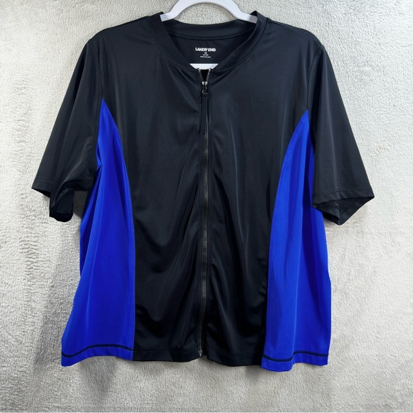 Lands End Women Swim Top Rash Guard Short Sleeve Full Zip Black Blue‎ Plus Sz 1X - Picture 1 of 7